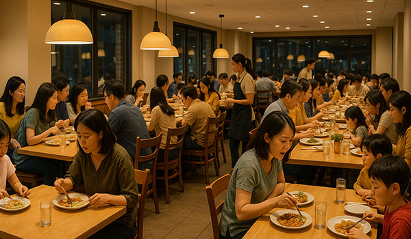 저녁 가족 단위 손님으로 북적이는 장면